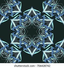 Seamless pattern. Fantastic colored snowflakes arranged in diagonal rows. Wallpaper for backgrounds on sites, desktops. Drawing for children's and women's textiles. Dark gamma. Green, blue, gray.