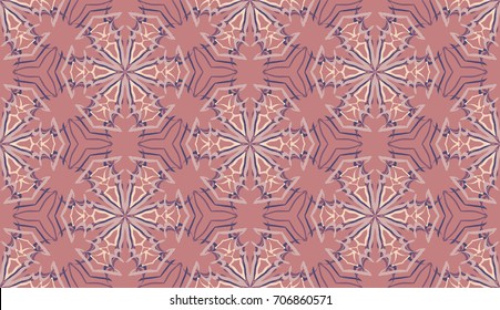 Seamless pattern. Fantastic colored snowflakes are located like bees' honeycombs. Drawing for wallpaper, textiles and holiday backgrounds. Pink, blue, purple.