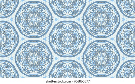 Seamless pattern. Fantastic colored snowflakes are located like bees' honeycombs. Drawing for wallpaper, textiles and holiday backgrounds. Blue colors, gray.
