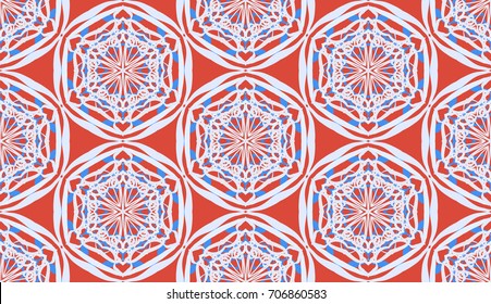 Seamless pattern. Fantastic colored snowflakes are located like bees' honeycombs. Drawing for wallpaper, textiles and holiday backgrounds. Pale red, pale blue, blue.
