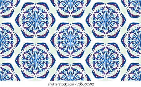 Seamless pattern. Fantastic colored snowflakes are located like bees' honeycombs. Drawing for wallpaper, textiles and holiday backgrounds. Pale green, blue, purple, white.