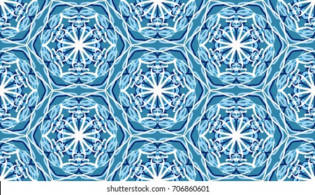 Seamless pattern. Fantastic colored snowflakes are located like bees' honeycombs. Drawing for wallpaper, textiles and holiday backgrounds. Blue tones & white.