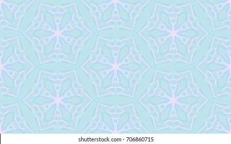 Seamless pattern. Fantastic colored snowflakes are located like bees' honeycombs. Drawing for wallpaper, textiles and holiday backgrounds. Pale colors. Green, blue, pink.