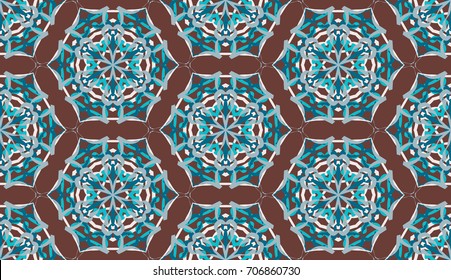 Seamless pattern. Fantastic colored snowflakes are located like bees' honeycombs. Drawing for wallpaper, textiles and holiday backgrounds. Brown, blue, gray, white.