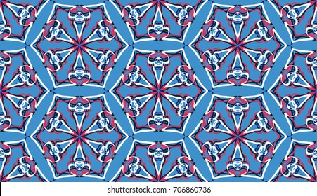 Seamless pattern. Fantastic colored snowflakes are located like bees' honeycombs. Drawing for wallpaper, textiles and holiday backgrounds. Blue, red, white, black.