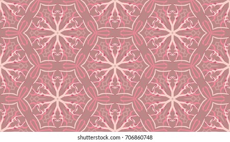 Seamless pattern. Fantastic colored snowflakes are located like bees' honeycombs. Drawing for wallpaper, textiles and holiday backgrounds. Light brown, beige, pink.