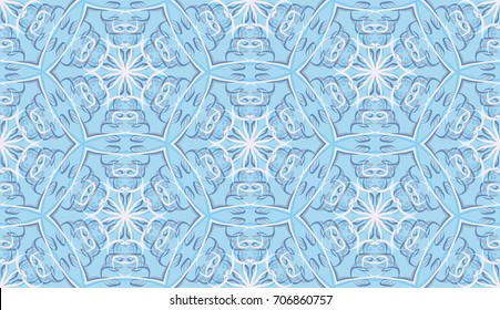 Seamless pattern. Fantastic colored snowflakes are located like bees' honeycombs. Drawing for wallpaper, textiles and holiday backgrounds. Blue, gray,  white.