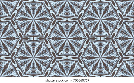 Seamless pattern. Fantastic colored snowflakes are located like bees' honeycombs. Drawing for wallpaper, textiles and holiday backgrounds. Gray-blue colors.