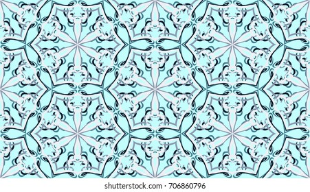 Seamless pattern. Fantastic colored snowflakes are located like bees' honeycombs. Drawing for wallpaper, textiles and holiday backgrounds. Blue-gray colors.