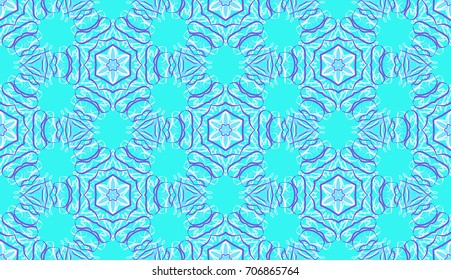 Seamless pattern. Fantastic colored snowflakes are located like bees' honeycombs. Drawing for wallpaper, textiles and holiday backgrounds. Blue tones & purple.