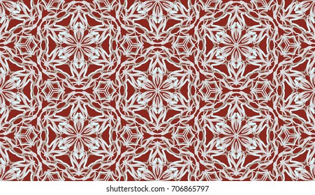 Seamless pattern. Fantastic colored snowflakes are located like bees' honeycombs. Drawing for wallpaper, textiles and holiday backgrounds. Brown, gray & pale blue.