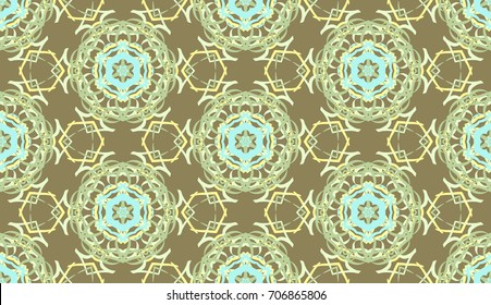 Seamless pattern. Fantastic colored snowflakes are located like bees' honeycombs. Drawing for wallpaper, textiles and holiday backgrounds. Khaki, yellow & blue.