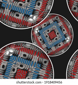 Seamless pattern with fantastic decorative circles on a black background. Vector illustration