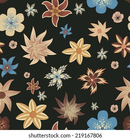 Seamless pattern of fantastic different flowers in a bronze and gold colors on a dark background.