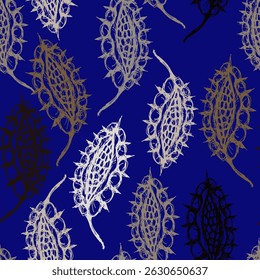 Padrão contínuo com motivos florais fantásticos ou formas abstratas. Desenhado à mão esboços brutos silhuetados.