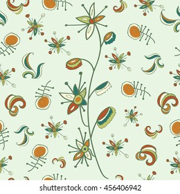 Seamless pattern with fantastic flowers and branch. Bright colors, green shades. Usable for wrapping, textile, paper.