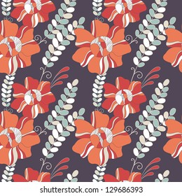 Seamless pattern with fantastic flowers and leaves. Vector background with ornamental natural elements. Decorative illustration.