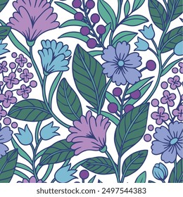 seamless pattern with fantastic flowers and leaves. blue and purple flowers