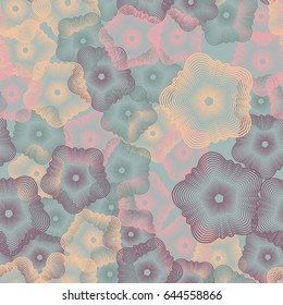 Seamless pattern. Fantastic geometric flowers of fine lines. Chaotic arrangement of the elements. Fashionable women's and children's camouflage. Pink, green-blue-gray, purple-gray, yellow.