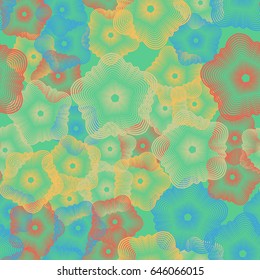 Seamless pattern. Fantastic geometric flowers of fine lines. Chaotic arrangement of the elements. Fashionable women's and children's camouflage. Green, beige, blue, red-brown, yellow.