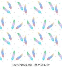 seamless pattern of fantastic gradient feathers with dots. square composition.