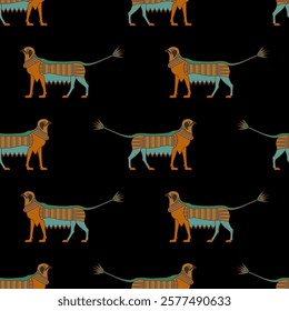 Seamless pattern with fantastic griffin animals with lotus tail. Ancient Egyptian ethnic design. On black background.