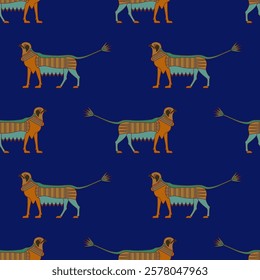 Seamless pattern with fantastic griffin animals with lotus tail. Ancient Egyptian ethnic design. On blue background.