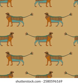 Seamless pattern with fantastic griffin animals with lotus tail. Ancient Egyptian ethnic design. On yellow background.