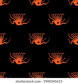 Seamless pattern with fantastic monsters. Ancient Greek Hydra. Mythological dragon monster with many heads. Monochrome red and black silhouettes.