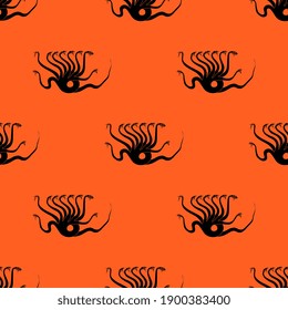 Seamless pattern with fantastic monsters. Ancient Greek Hydra. Mythological dragon monster with many heads. Monochrome red and black silhouettes.