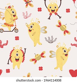 A seamless pattern with fantastic monsters. Cute yellow monsters - a girl on a scooter and boy with a hairdo in the background with butterflies, flowers and bees. Vector illustration. Kids Collection 