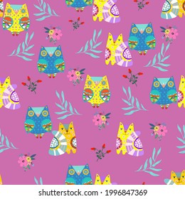 Seamless pattern with a fantastic owl and a cat drawn in folk style, vector