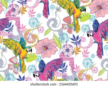 Seamless pattern. Fantastic parrots. Modern exotic floral jungle pattern.  Fashion textiles, fabric, packaging.