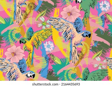 Seamless pattern. Fantastic parrots. Modern exotic floral jungle pattern.  Fashion textiles, fabric, packaging.
