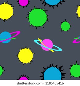 Seamless pattern with fantastic planets, sun and stars. Children's space background. Can be used for stationery, wallpaper, scrapbooking and textile, fabric prints. Vector