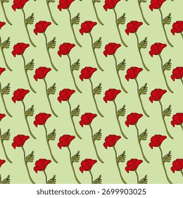 Padrão contínuo com fantásticas papoulas vermelhas no fundo verde claro. Imagem vetorial.