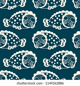 seamless pattern with fantastic sleeping fish with a human face. vector.