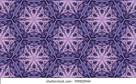 Seamless pattern. Fantastic snowflakes are located like bees' honeycombs. The abstract six-sided figures. For backgrounds, fabrics, holidays. Purple-pink tones.
