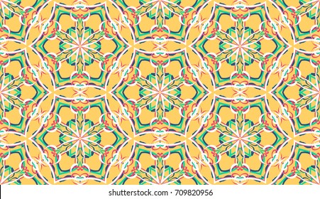 Seamless pattern. Fantastic snowflakes are located like bees' honeycombs. The abstract six-sided figures. For backgrounds, fabrics, holidays. Yellow, green, red, white.