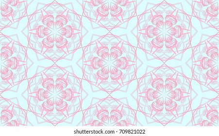 Seamless pattern. Fantastic snowflakes are located like bees' honeycombs. The abstract six-sided figures. For backgrounds, fabrics, holidays. Pale  blue, pink tones.