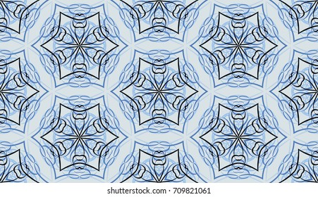Seamless pattern. Fantastic snowflakes are located like bees' honeycombs. The abstract six-sided figures. For backgrounds, fabrics, holidays. Blue tones and black.