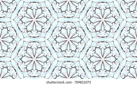Seamless pattern. Fantastic snowflakes are located like bees' honeycombs. The abstract six-sided figures. For backgrounds, fabrics, holidays. Light tones. Blue-green, brown, pink.