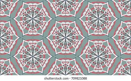 Seamless pattern. Fantastic snowflakes are located like bees' honeycombs. The abstract six-sided figures. For backgrounds, fabrics, holidays. Gray tones and red.