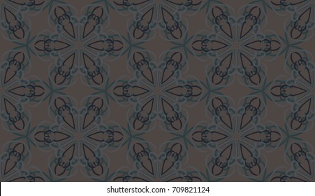 Seamless pattern. Fantastic snowflakes are located like bees' honeycombs. The abstract six-sided figures. For backgrounds, fabrics, holidays. Dark pattern. Gray-brown, green-blue.