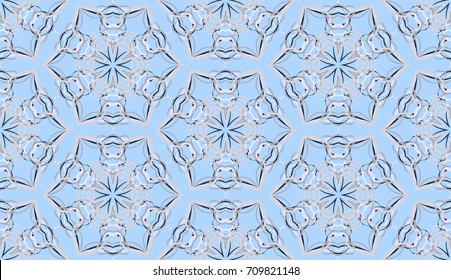 Seamless pattern. Fantastic snowflakes are located like bees' honeycombs. The abstract six-sided figures. For backgrounds, fabrics, holidays. Blue, and gray tones.