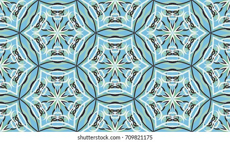 Seamless pattern. Fantastic snowflakes are located like bees' honeycombs. The abstract six-sided figures. For backgrounds, fabrics, holidays. Blue, black, green, white.
