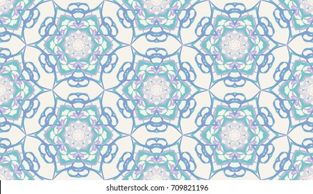 Seamless pattern. Fantastic snowflakes are located like bees' honeycombs. The abstract six-sided figures. For backgrounds, fabrics, holidays. Yellow, blue, purple-gray, green.