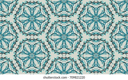 Seamless pattern. Fantastic snowflakes are located like bees' honeycombs. The abstract six-sided figures. For backgrounds, fabrics, holidays. Yellow-green-gray, blue  tones, black.