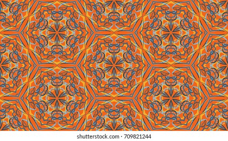 Seamless pattern. Fantastic snowflakes are located like bees' honeycombs. The abstract six-sided figures. For backgrounds, fabrics, holidays. Orange, yellow and blue-gray.