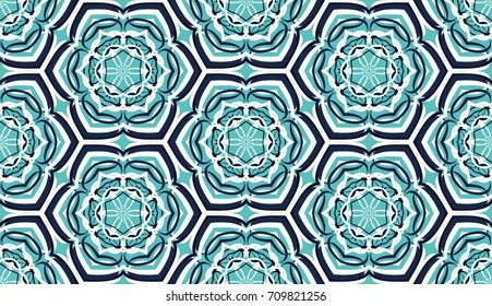 Seamless pattern. Fantastic snowflakes are located like bees' honeycombs. The abstract six-sided figures. For backgrounds, fabrics, holidays. Black, white, blue-green.